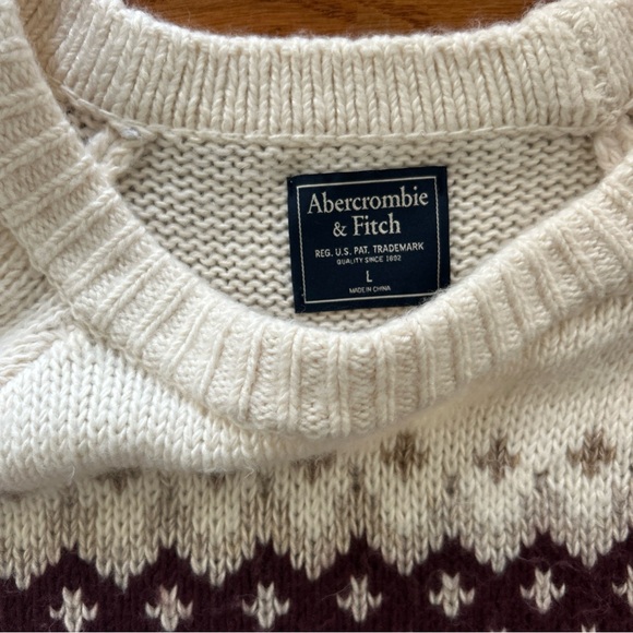 Abercrombie Sweater Women L Pullover Ivory Burgundy Fair Isle Nordic Pink Cotton - Picture 3 of 6